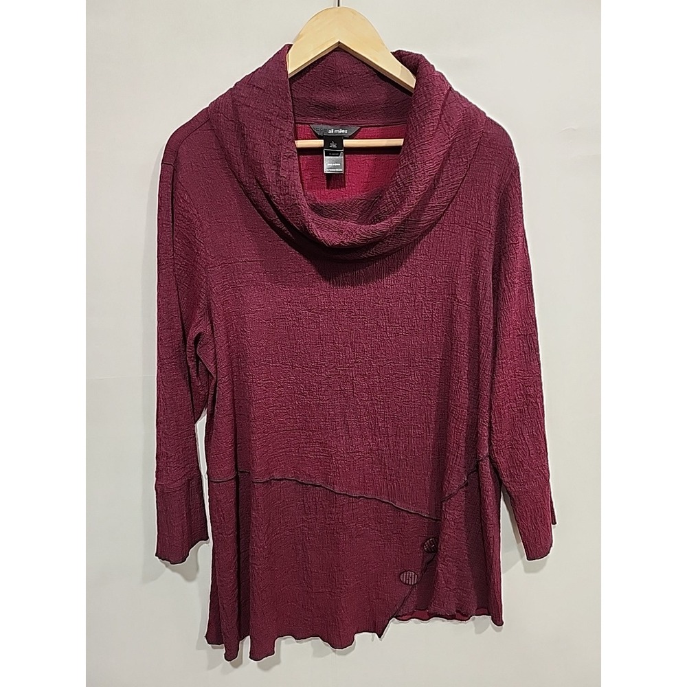 Ali Miles Boho Cowl Neck Tunic Womens‎ L Burgundy, Long Sleeve Crinkled Texture